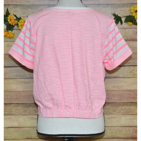 NWOT Skies Are Blue Pink Striped Crop Blouse Top Size L Stretch Beach Summer - Picture 8 of 12